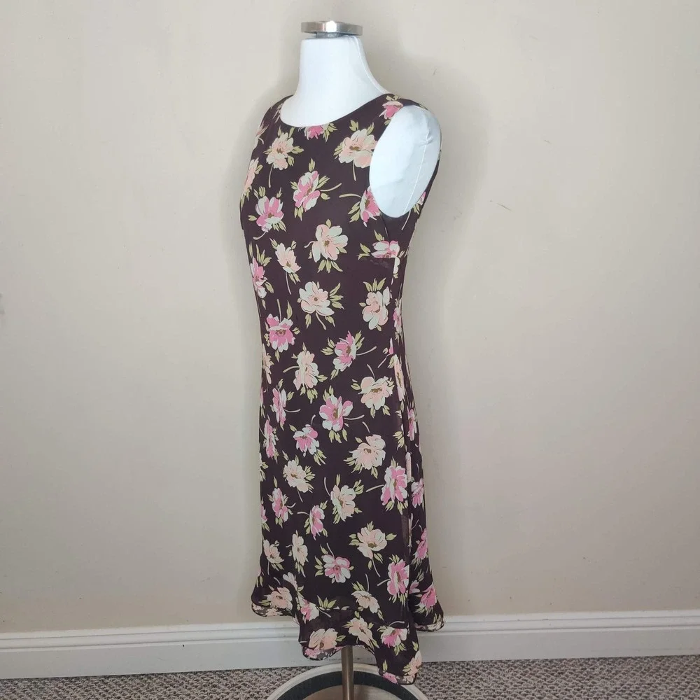 LOFT Floral‎ Dress Sleeveless Ruffled Hem Brown Pink